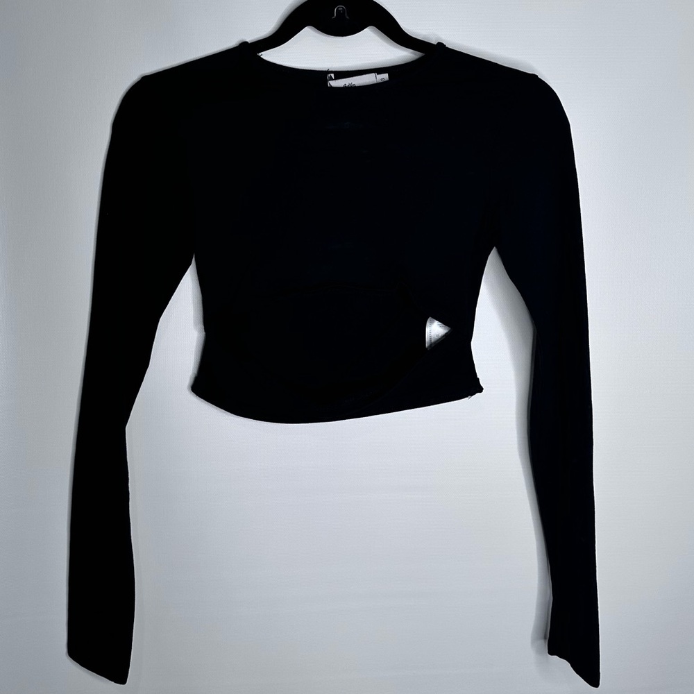 Adika: Black Long Sleeve Cropped Shirt. Cutout. Small.